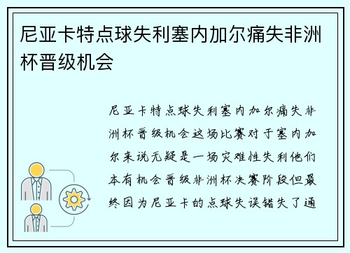 尼亚卡特点球失利塞内加尔痛失非洲杯晋级机会